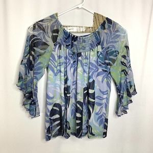 C’est 1946 Womens Plus Size Peasant Top Size 26 28W 4X Blue Green Floral Leaf